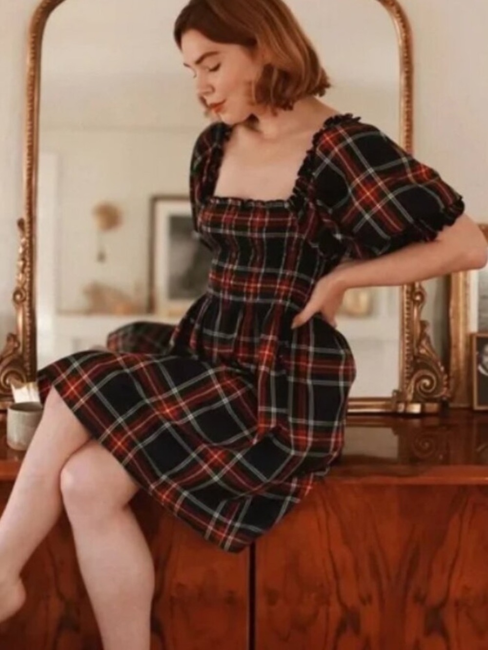 Hill house home Athena nap mini smocked babydoll dress red tartan plaid sz xs